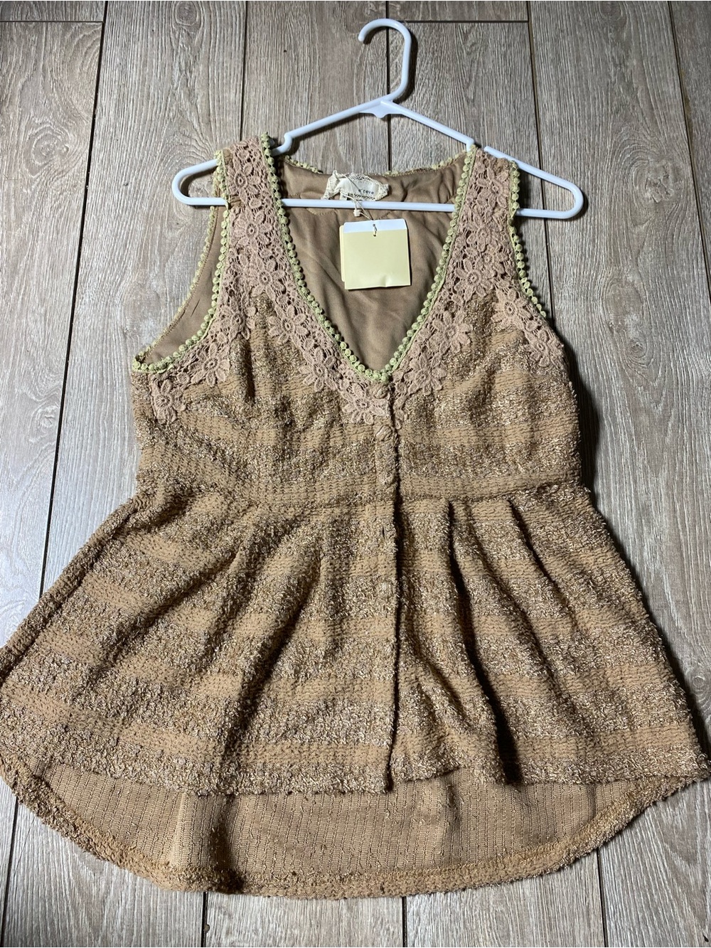 A'Reve Boho Lace Trim Peplum Vest Tank Top Beige